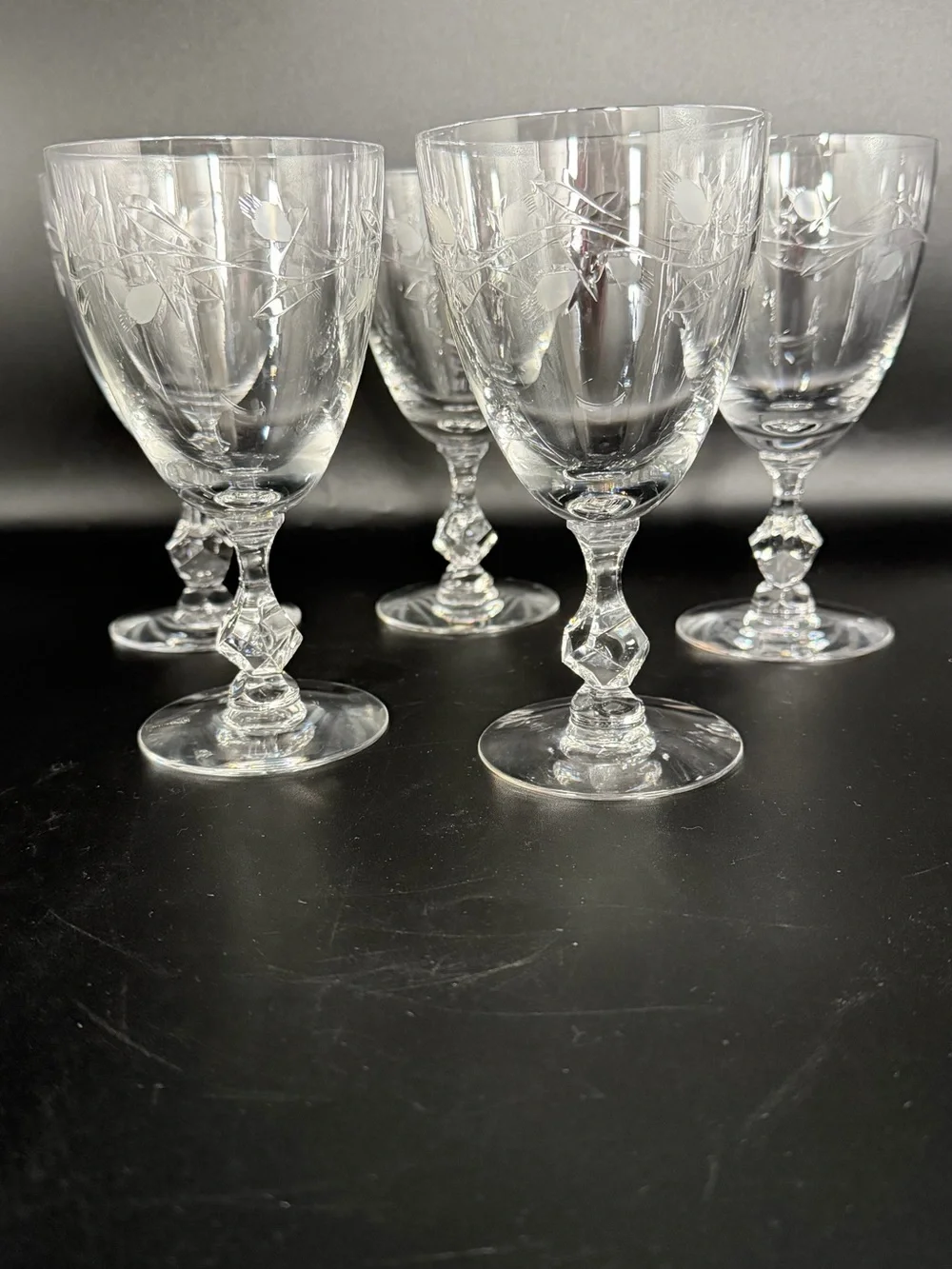 Vintage Etched Crystal Water Goblets  Faceted Stem Set of 5
